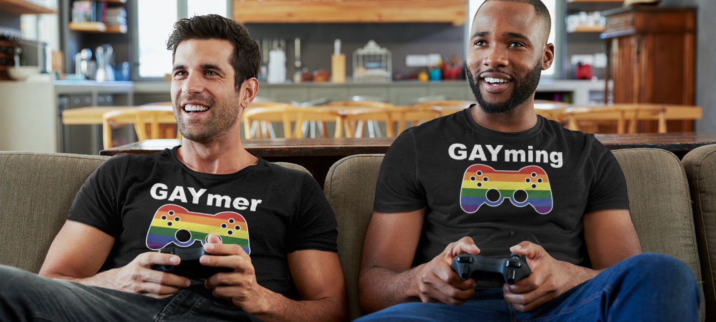 For the ultimate in comfortable clothing for the gay man who loves to game every day or with friends. Show them you are serious about being a gaymer by wearing these colorful t-shirts in a variety of colors. comes in gaymer and gayming design