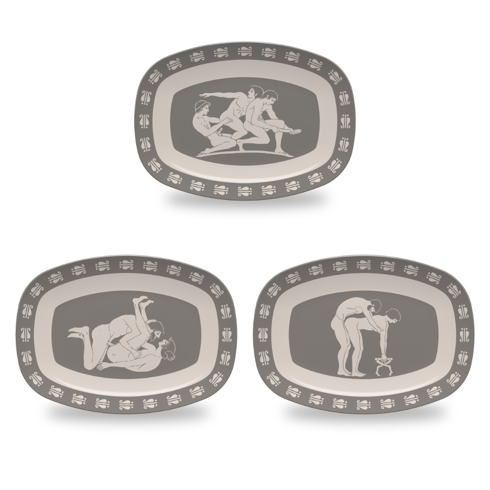 Home Decor Platters - 3 Piece Set / 1 Missionary, 1 Doggy, 1 Threesome Birdcage Inspired Greek Boy Dinnerware - Platter Sets INVI-Expressionwear